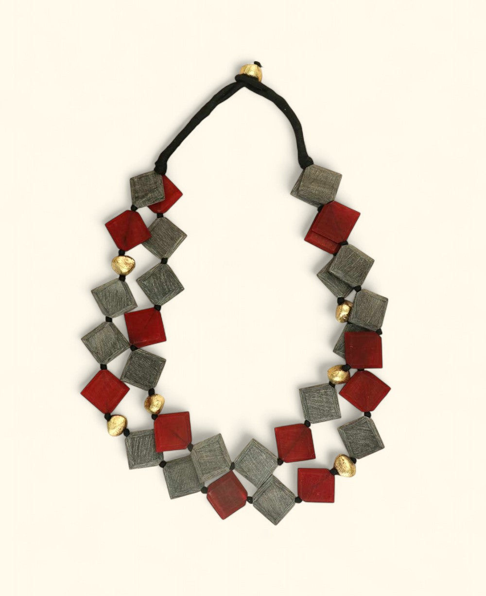 Deep Red and Gray Diamond-Set Horn Necklace