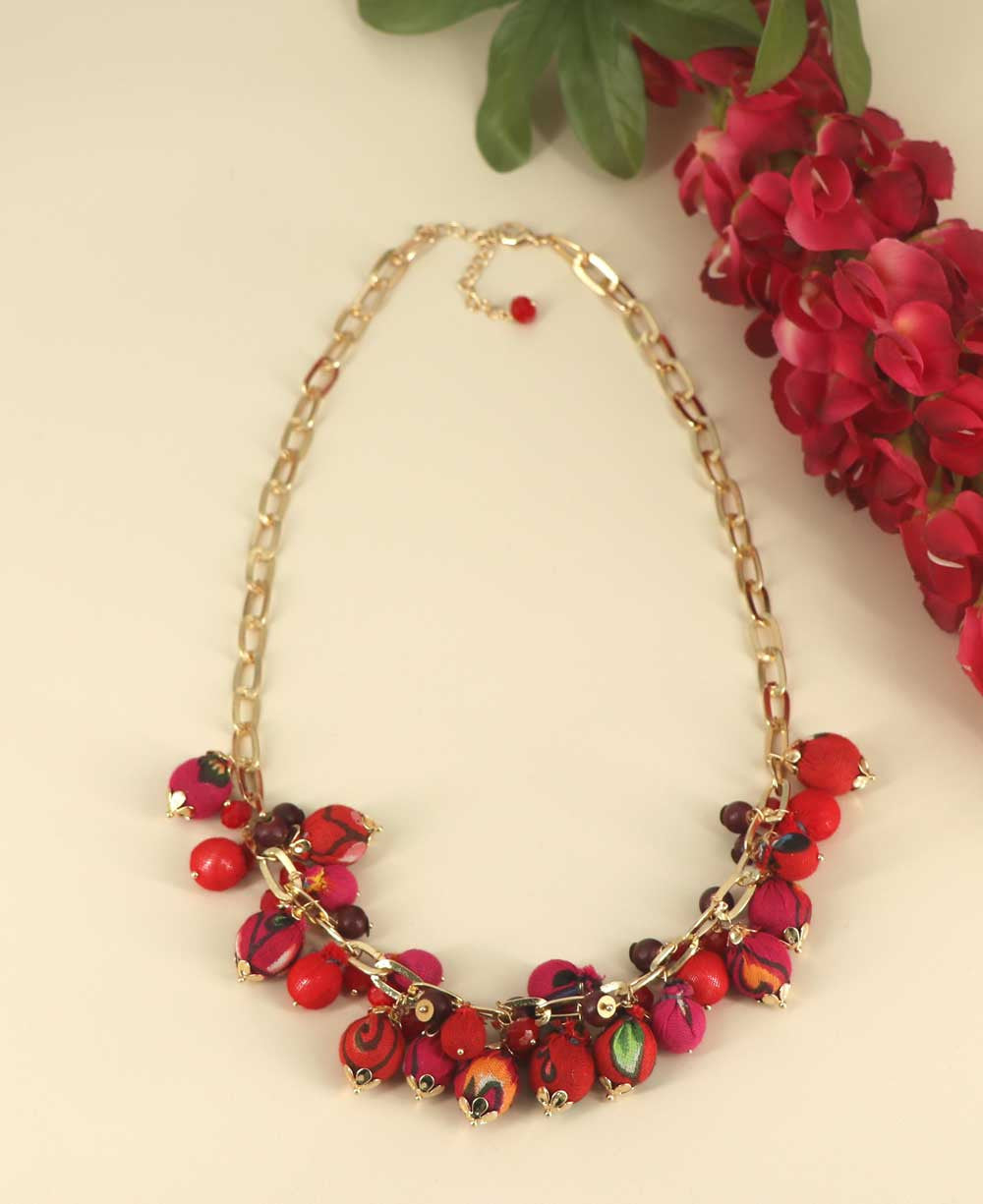 Fabric-Wrapped Bead Bib Necklace in Red, Crimson and Magenta