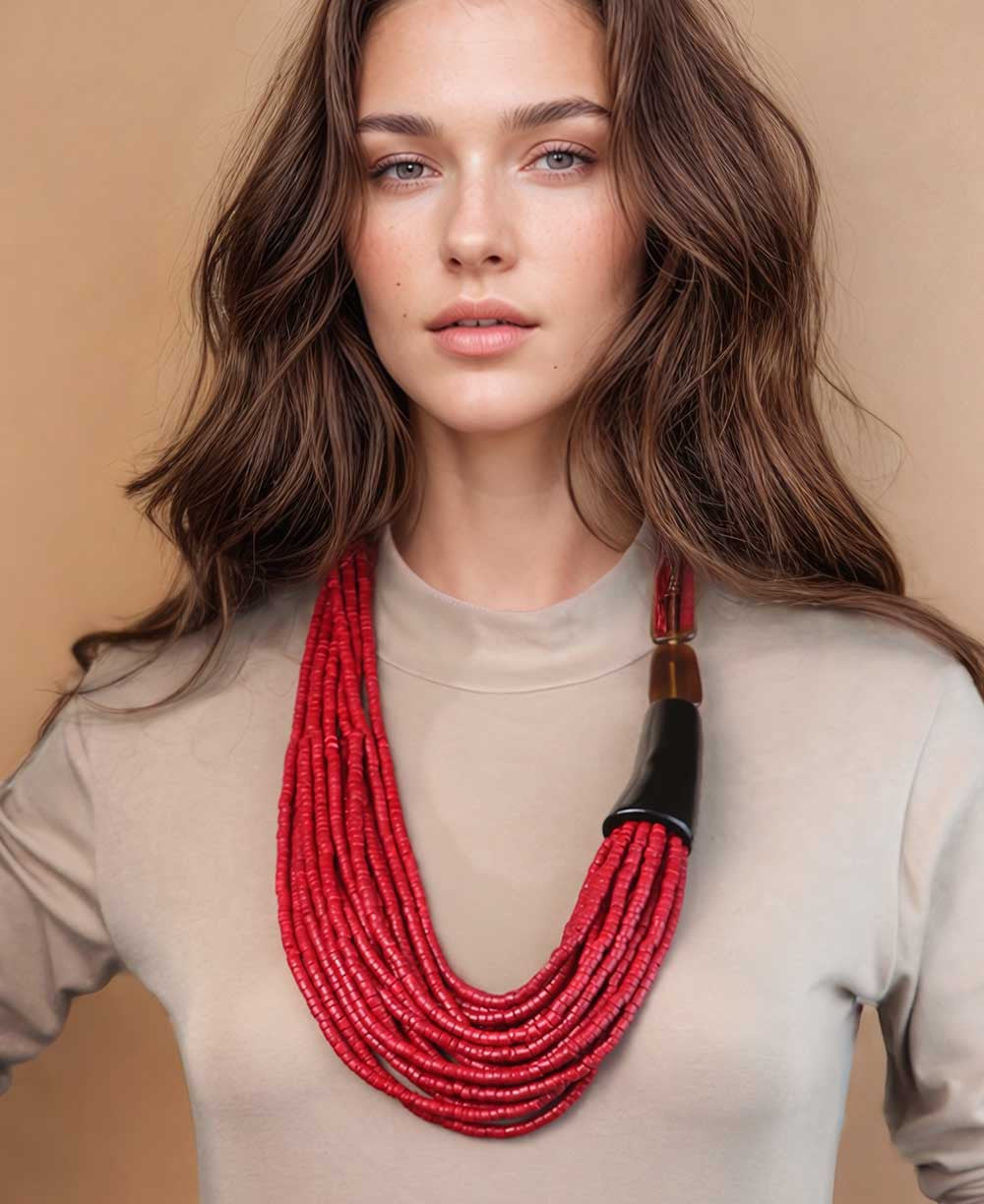 Asymmetric Crimson Bead and Horn Necklace