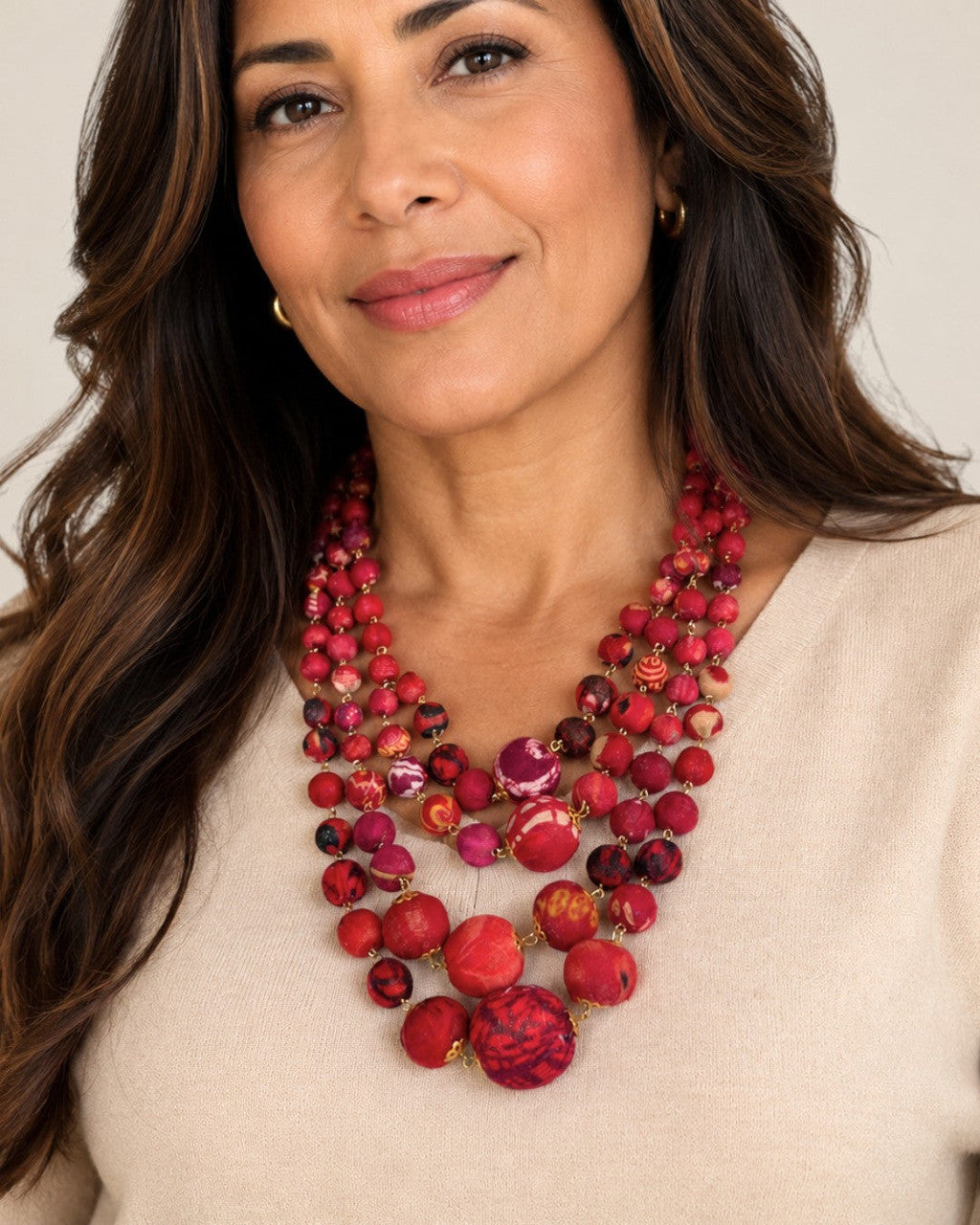 Four-Strand Fabric Bead Bib Necklace in Red