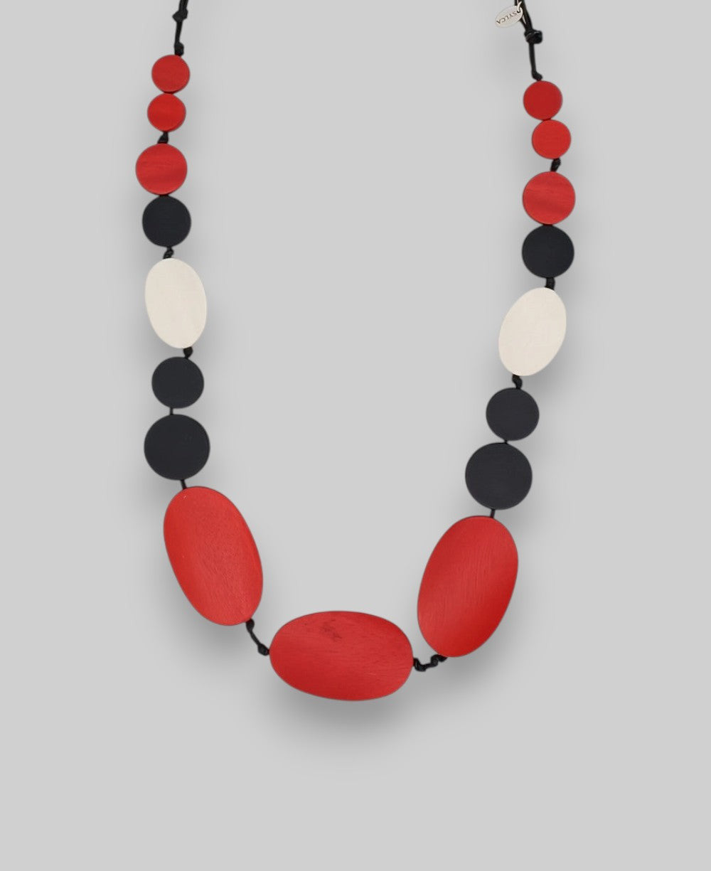 Graduated Wood Bead Necklace in Red, Black and Cream