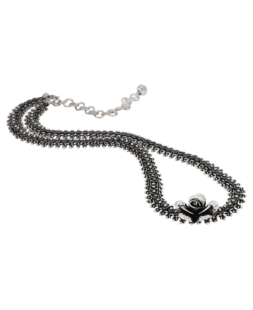 Silver Floret Collar with Oxidized Rose Centerpiece