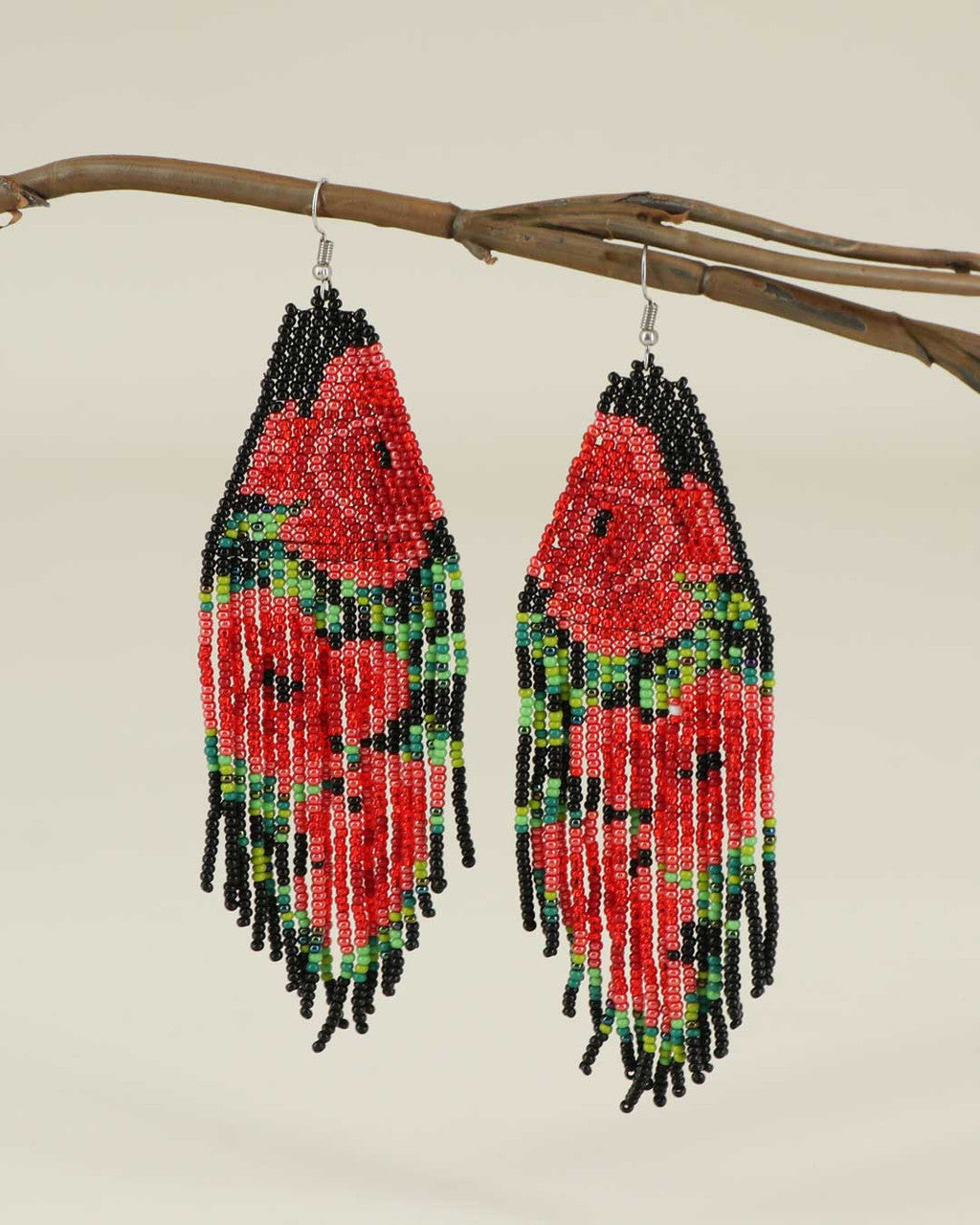 Loomed Rose Fringe Earrings in Red and Black