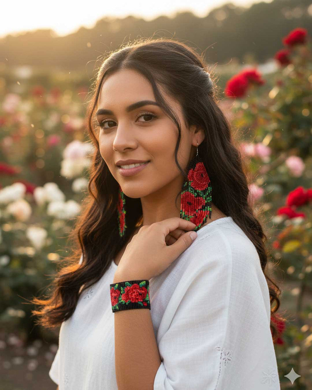 Loomed Rose Fringe Earrings in Red and Black