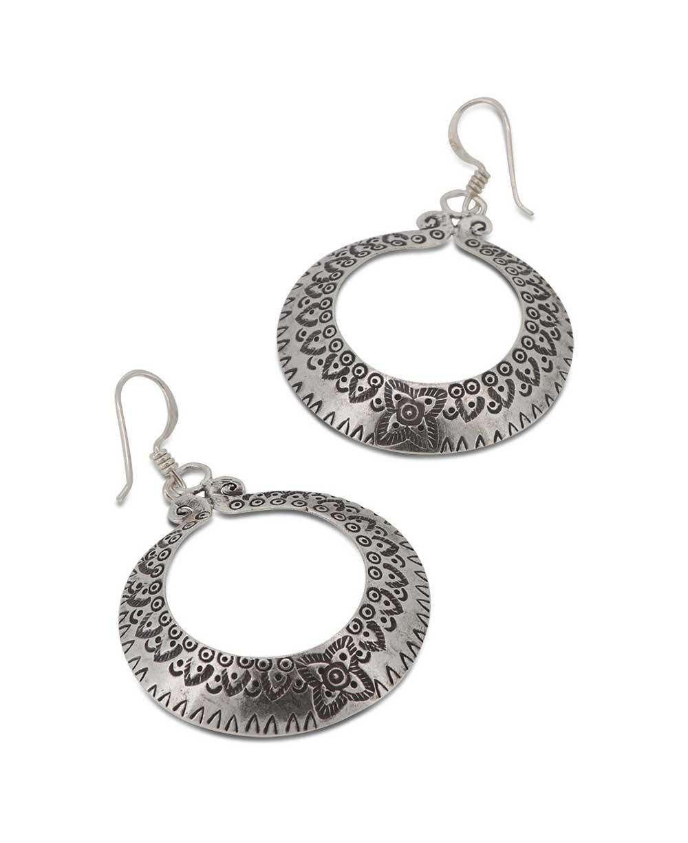 Silver Crescent Hoop Earrings with Stamped Floral Border