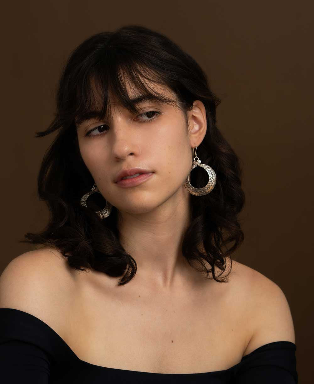 Silver Crescent Hoop Earrings with Stamped Floral Border