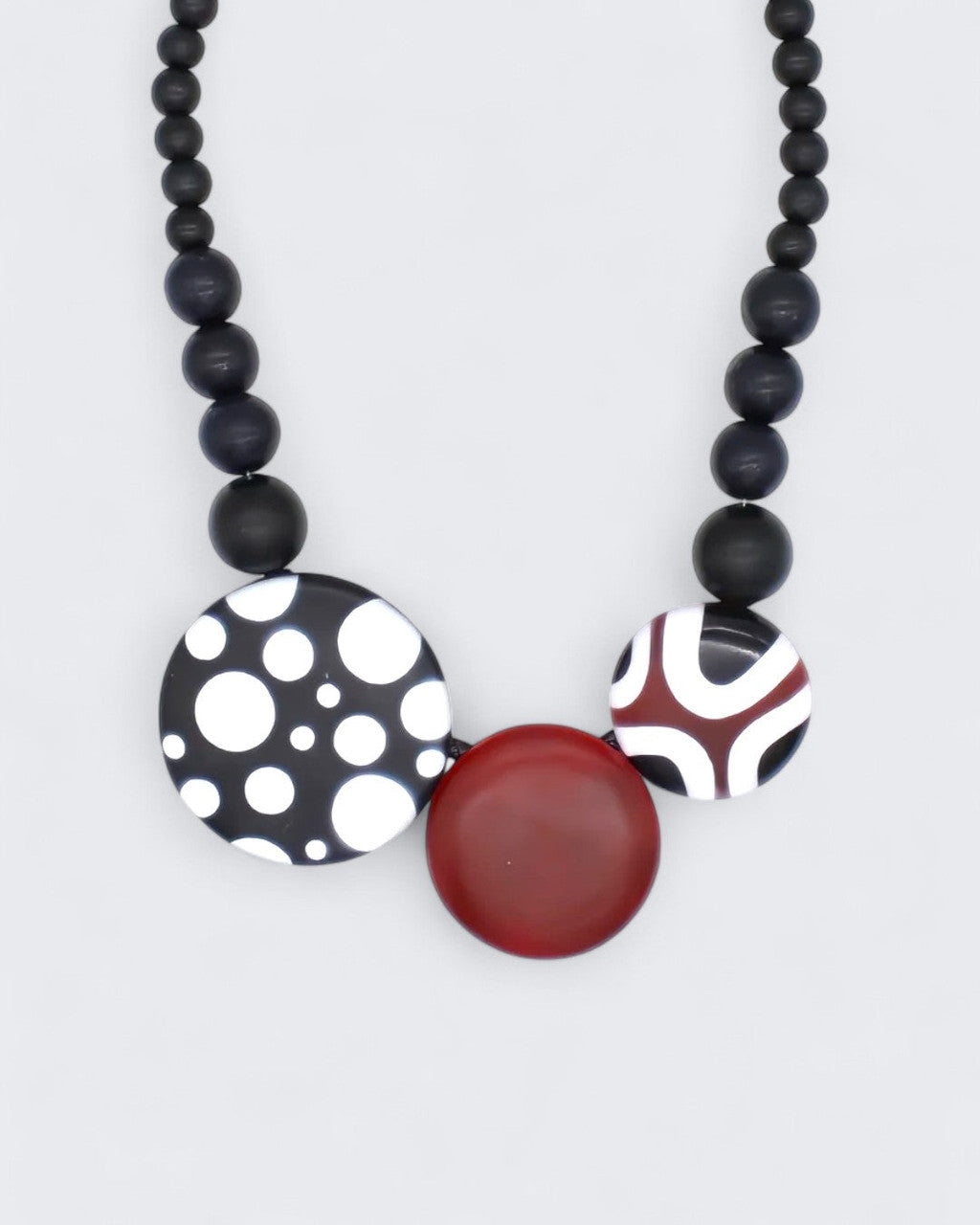 Polka Dot, Burgundy and Geometric Resin Disc Necklace