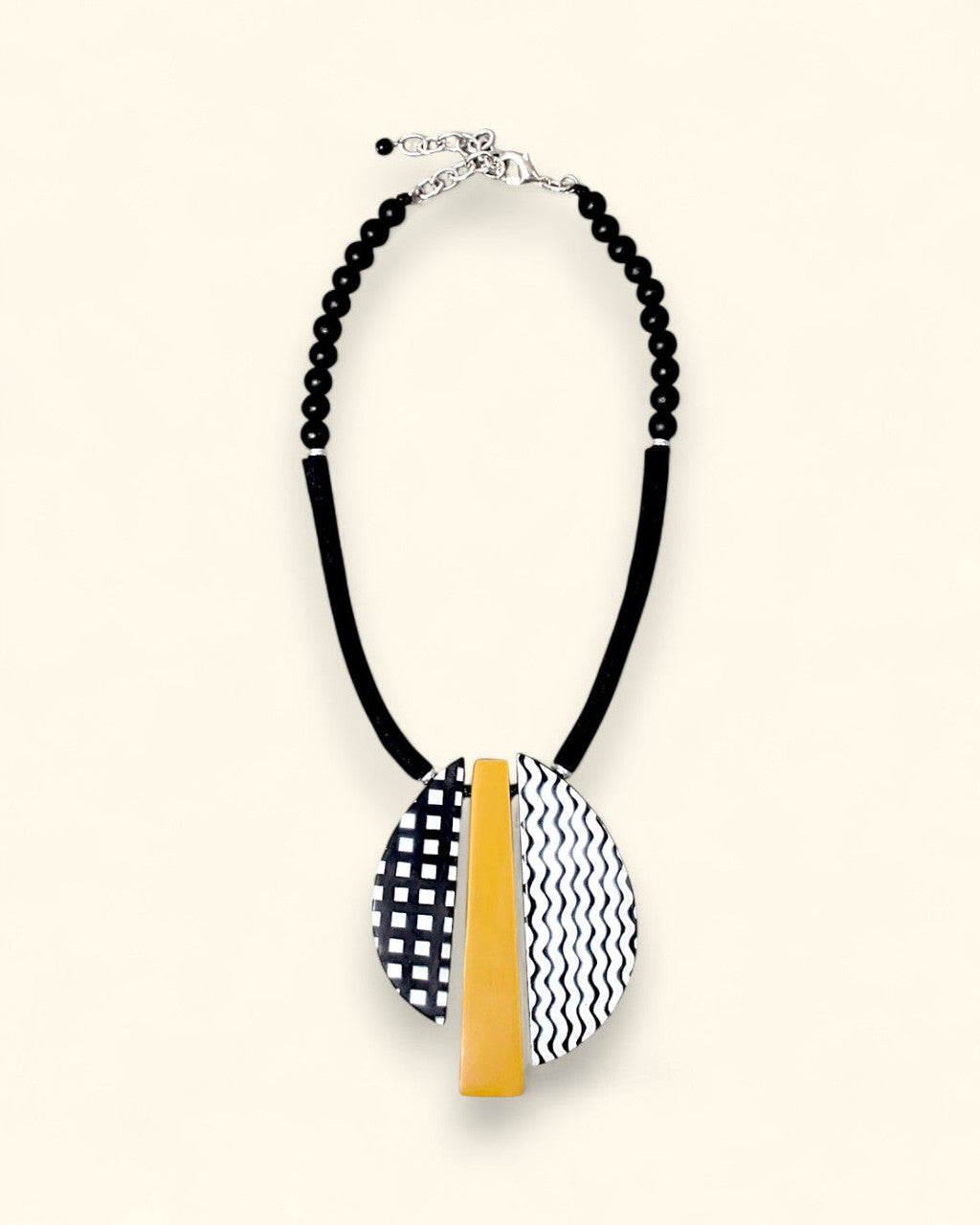 Checked, Wave and Mustard Resin Pendant Necklace