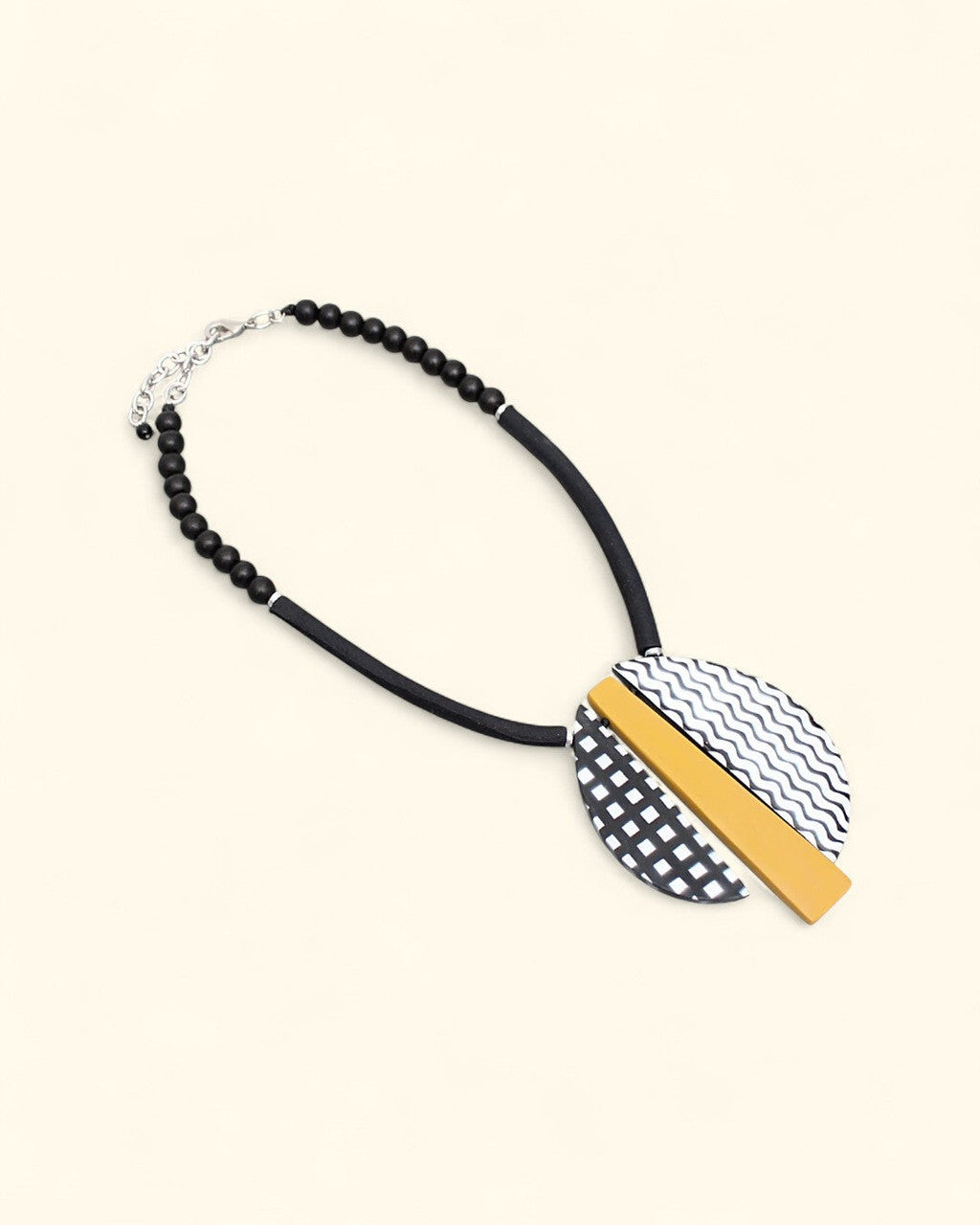 Checked, Wave and Mustard Resin Pendant Necklace