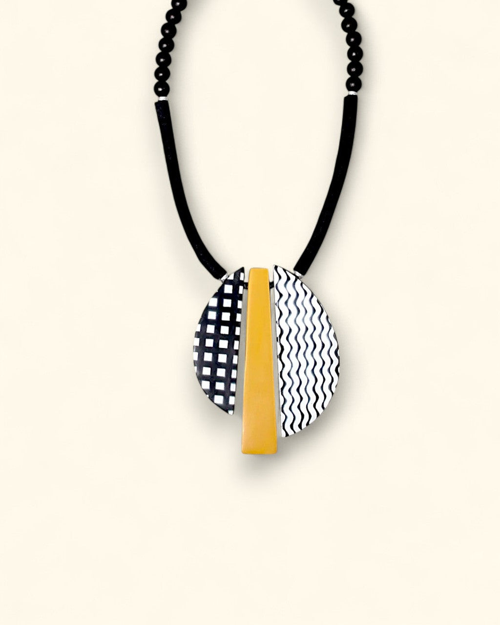 Checked, Wave and Mustard Resin Pendant Necklace