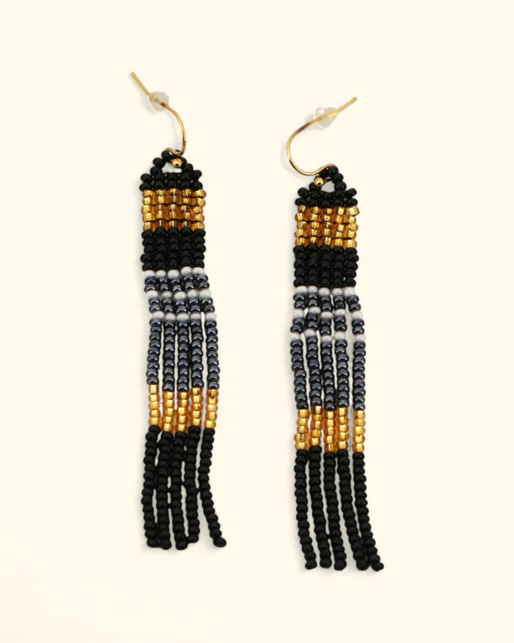 Beaded Fringe Column Earrings in Black, Gold and Gray