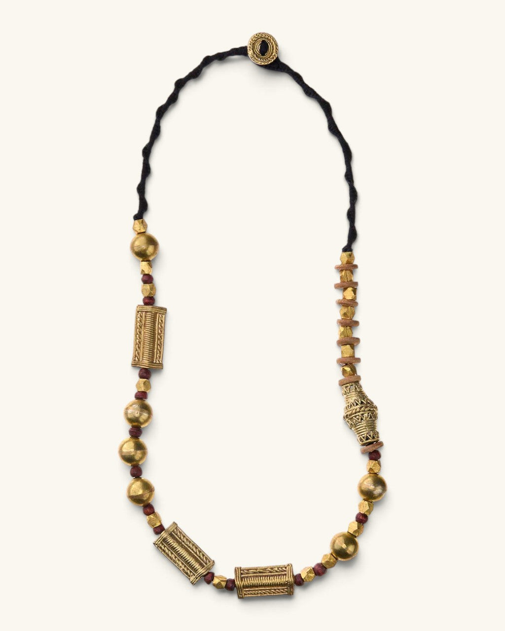 Brass Bead Necklace with Engraved Cylinders on Braided Cord