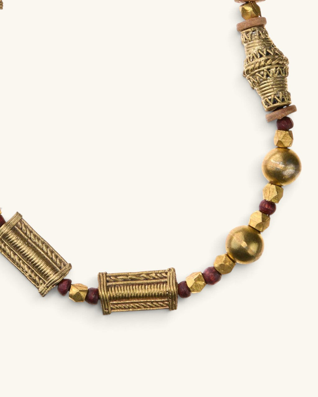 Brass Bead Necklace with Engraved Cylinders on Braided Cord
