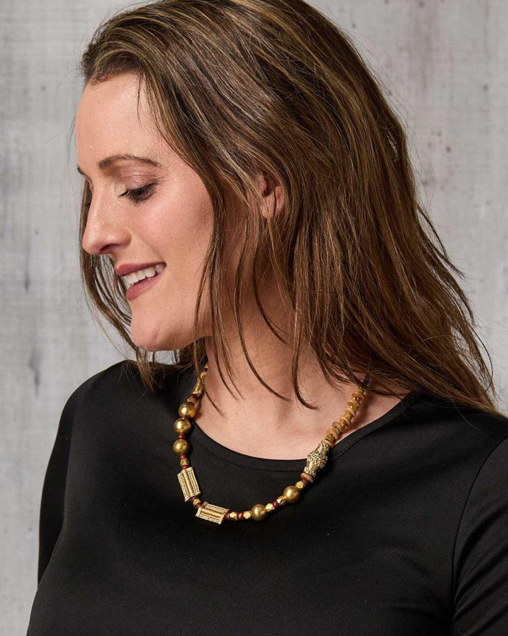Brass Bead Necklace with Engraved Cylinders on Braided Cord