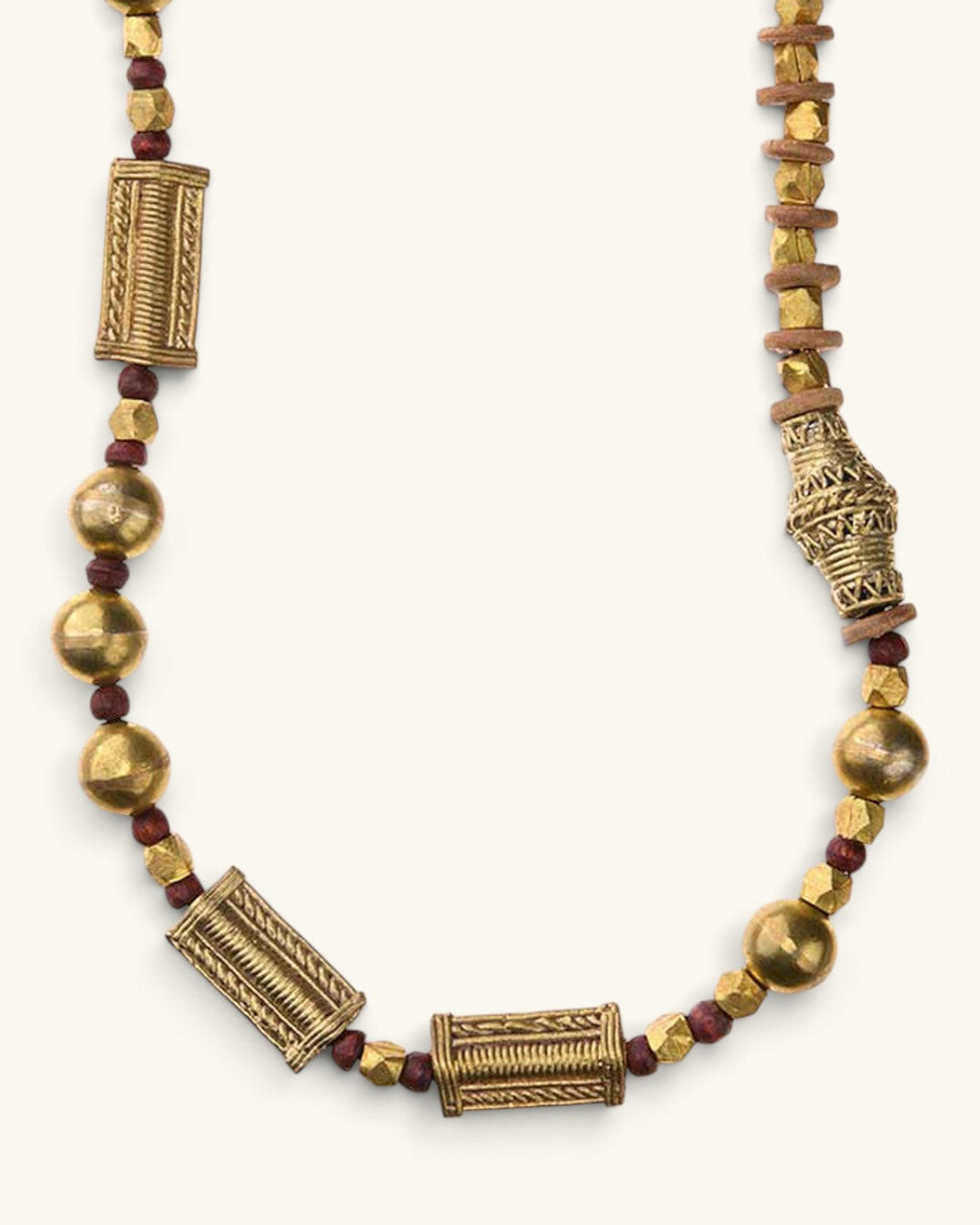 Brass Bead Necklace with Engraved Cylinders on Braided Cord