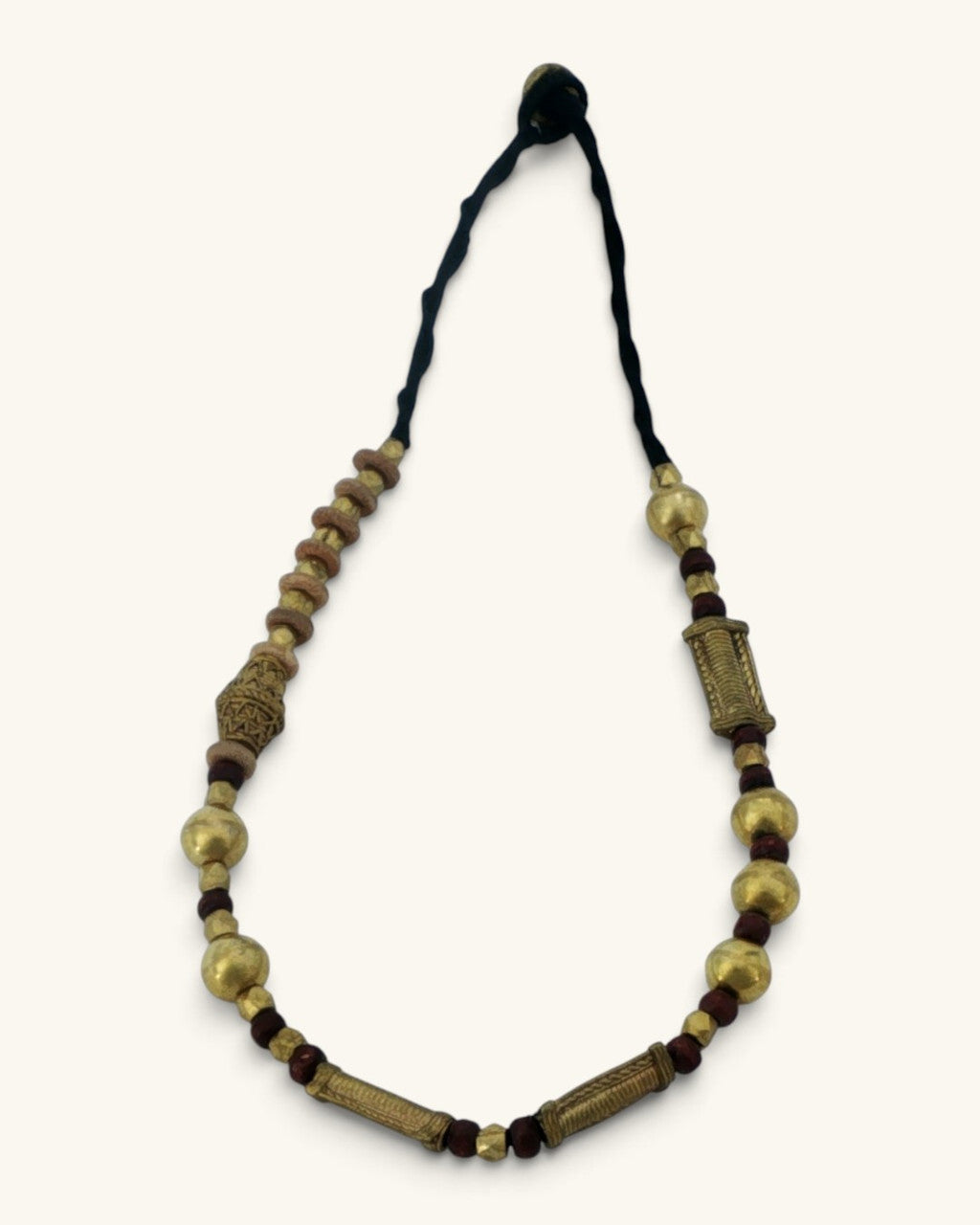 Brass Bead Necklace with Engraved Cylinders on Braided Cord