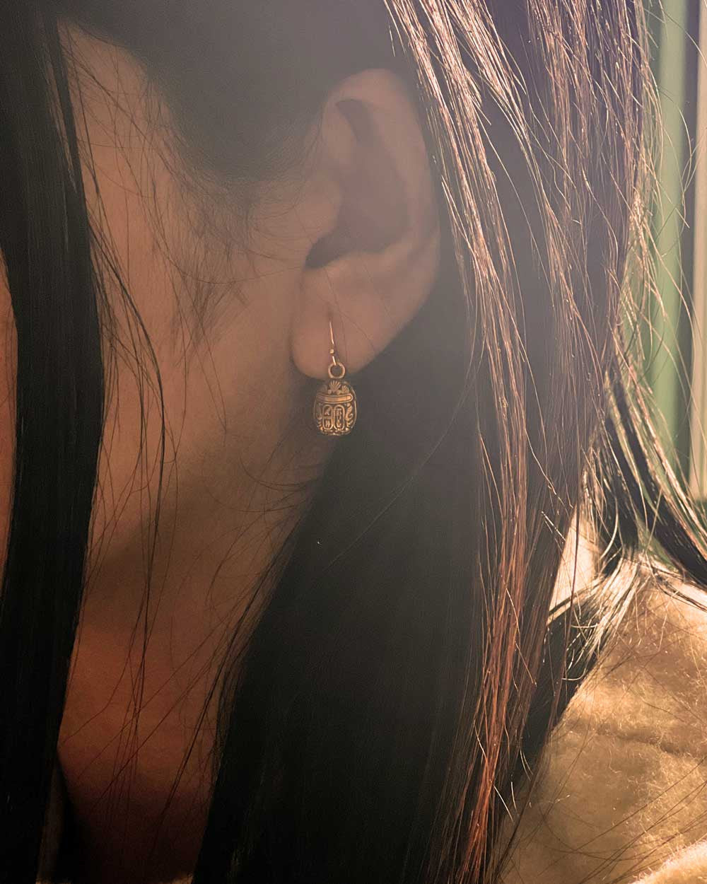 Scarab Charm Drop Earrings in Antiqued Gold
