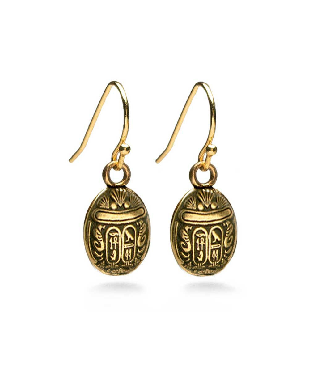 Scarab Charm Drop Earrings in Antiqued Gold