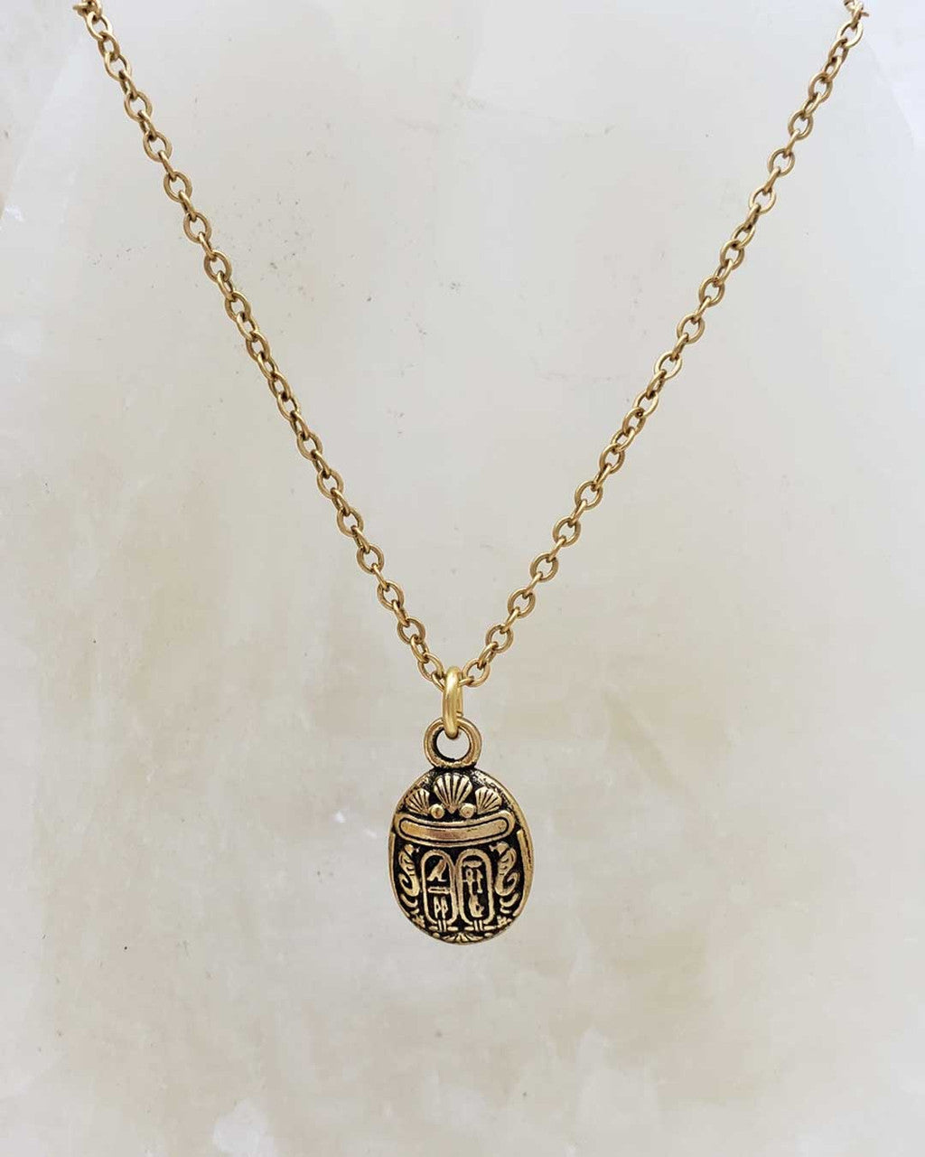 Etched Scarab Pendant on Fine Cable Chain