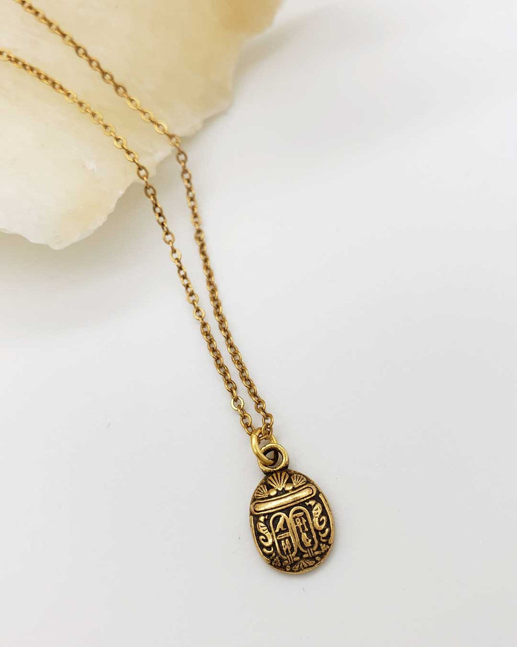 Etched Scarab Pendant on Fine Cable Chain