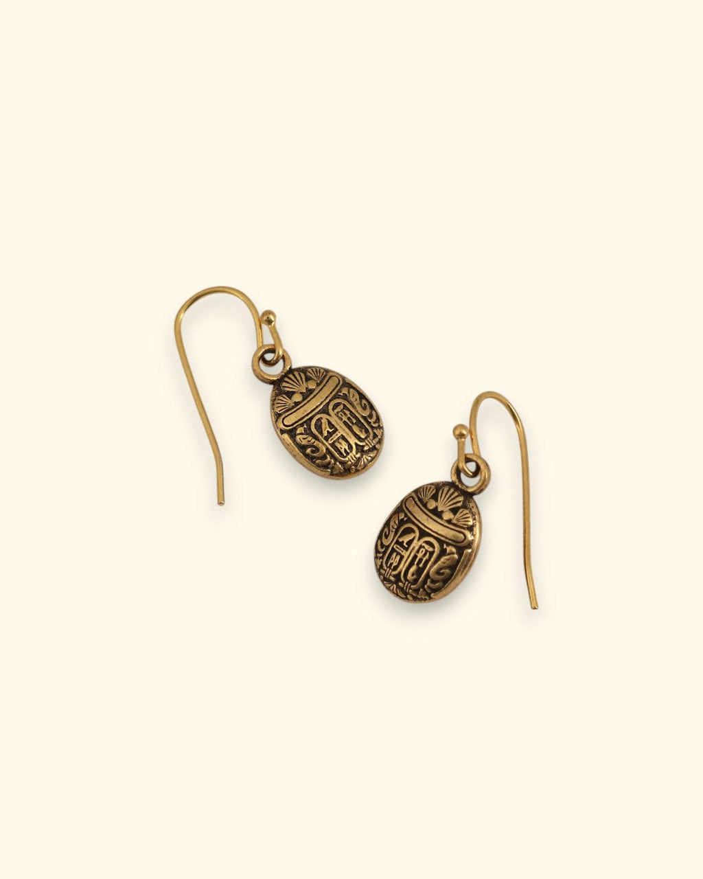 Scarab Charm Drop Earrings in Antiqued Gold