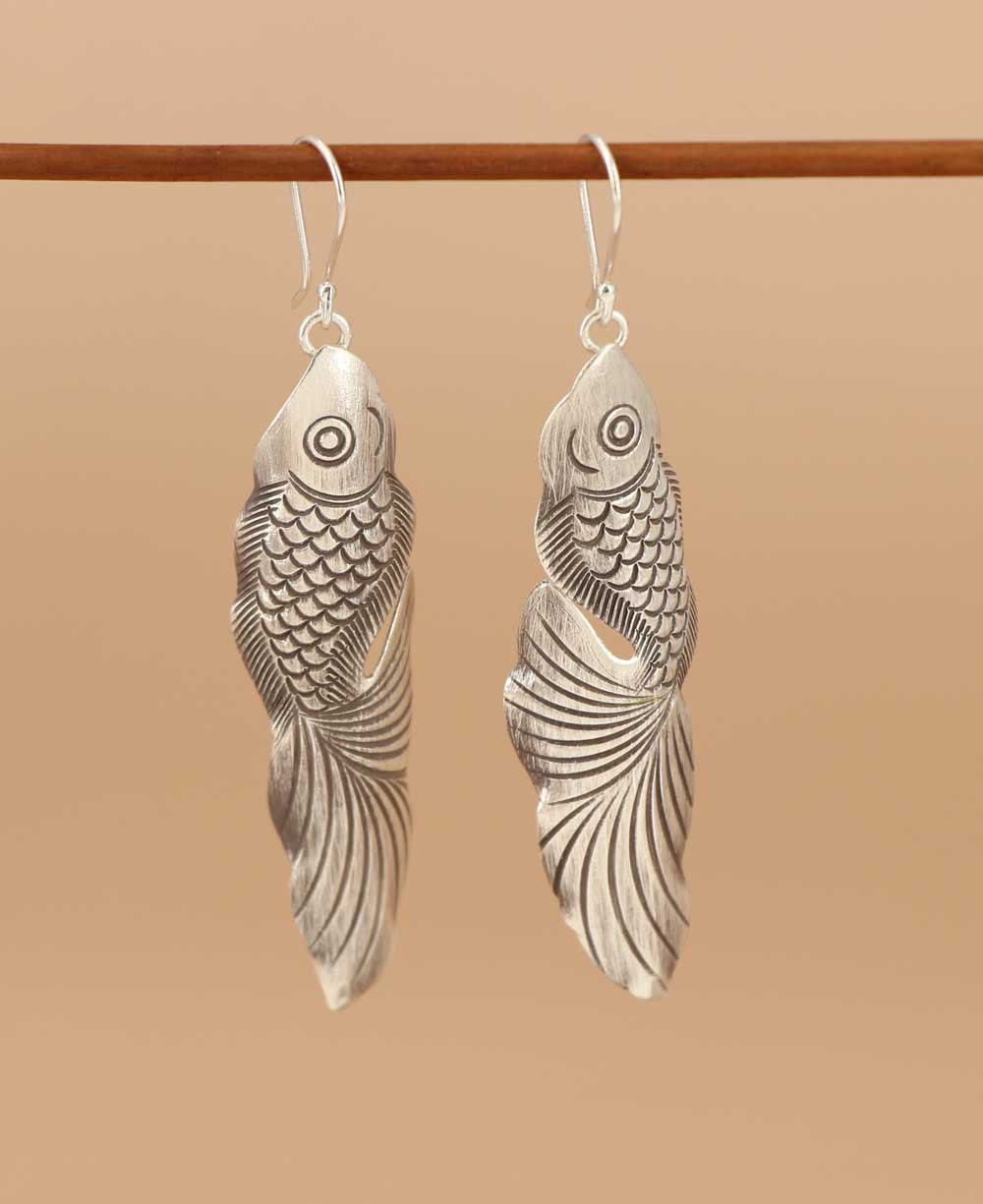 Hand-Chased Silver Fish Dangle Earrings