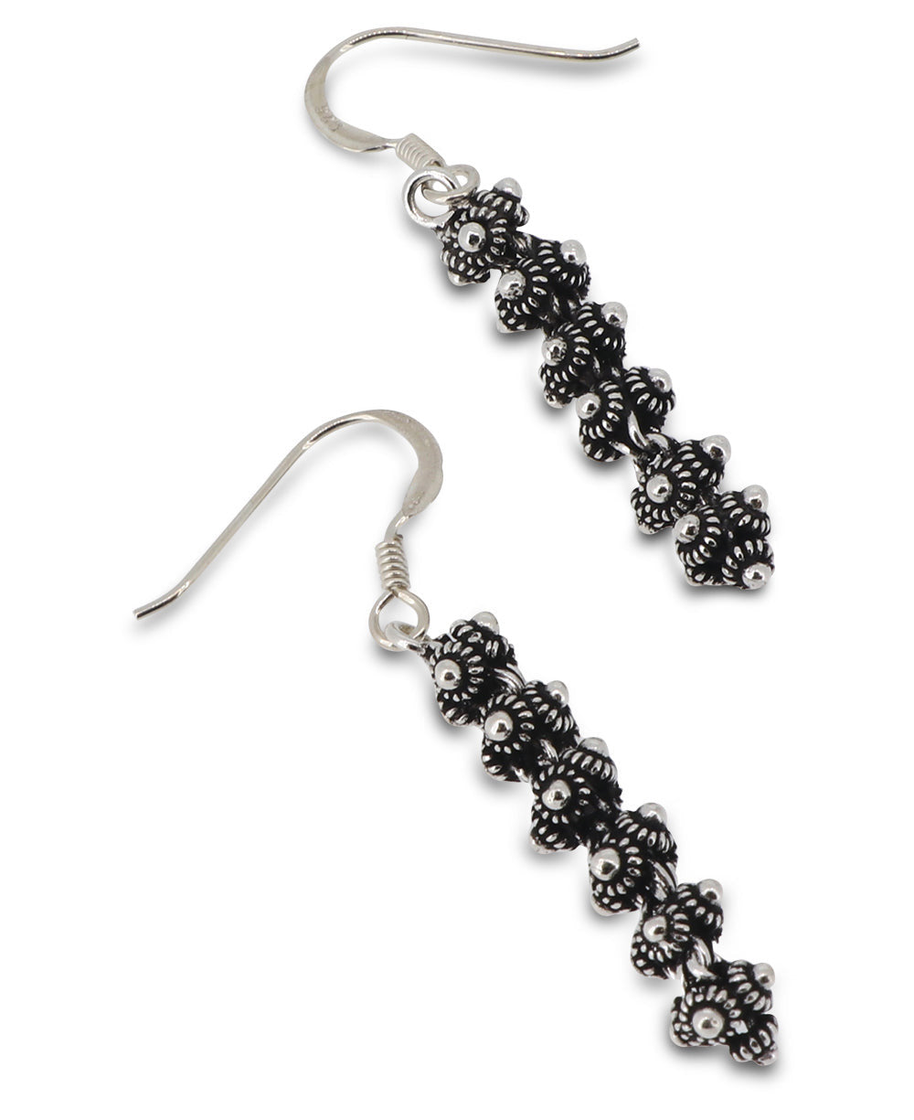 Stacked Floret Silver Drop Earrings