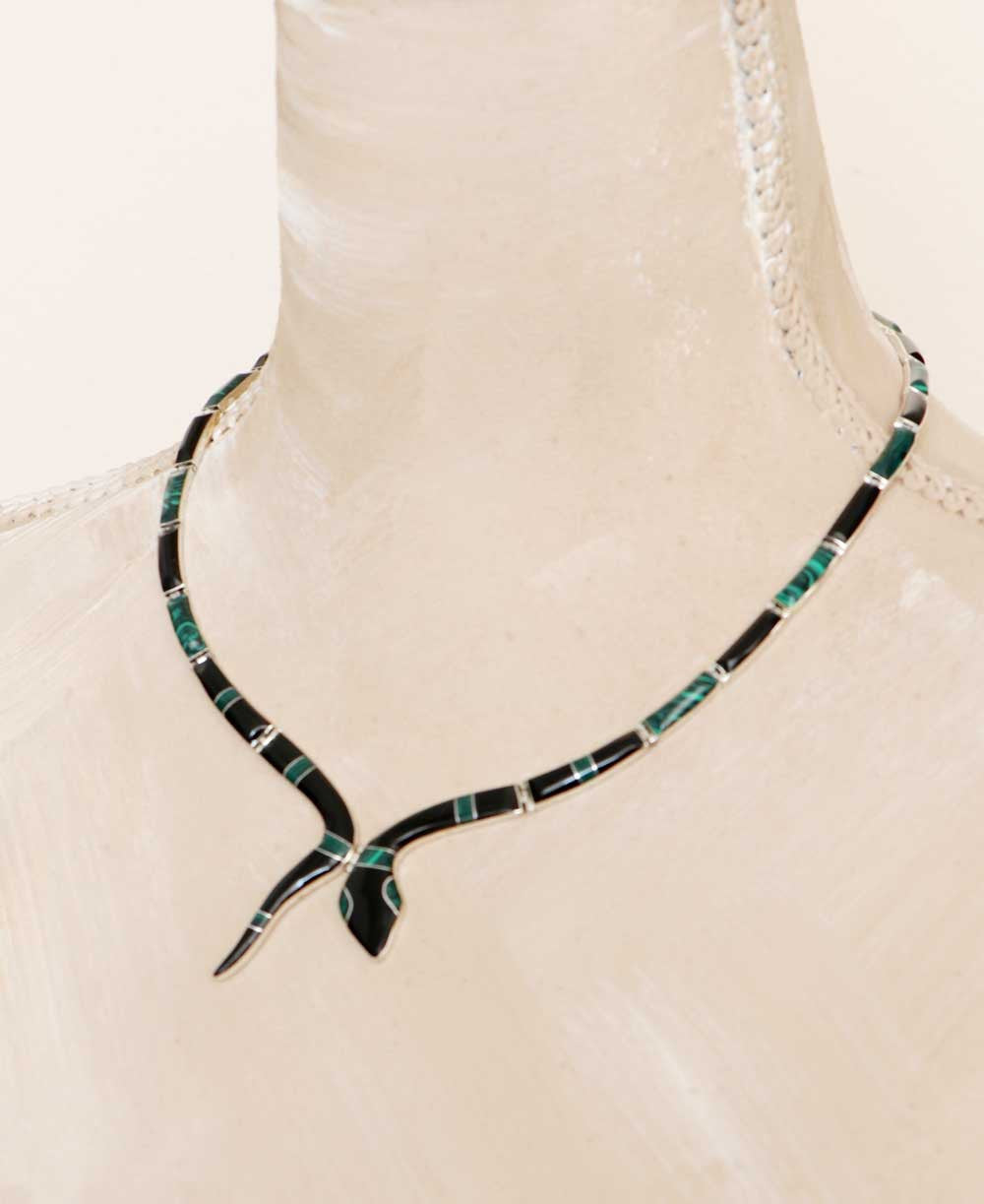 Hinged Serpent Necklace with Onyx and Malachite