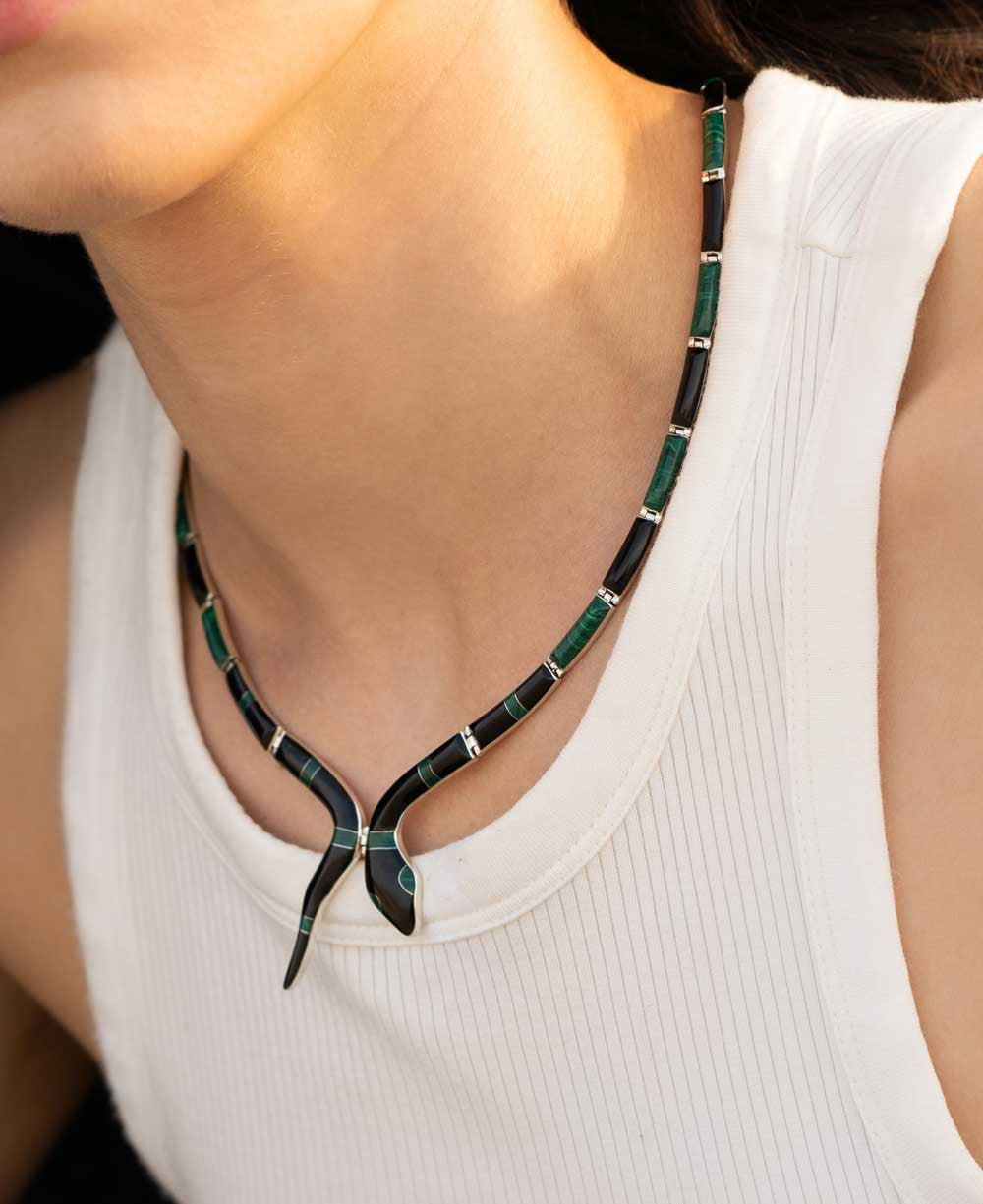 Hinged Serpent Necklace with Onyx and Malachite