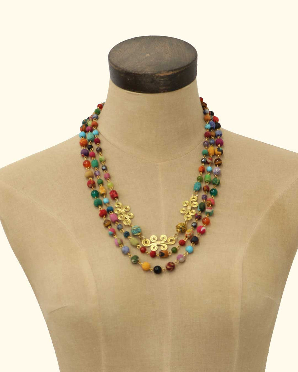 Triple-Strand Multicolor Bead Necklace with Brass Spirals
