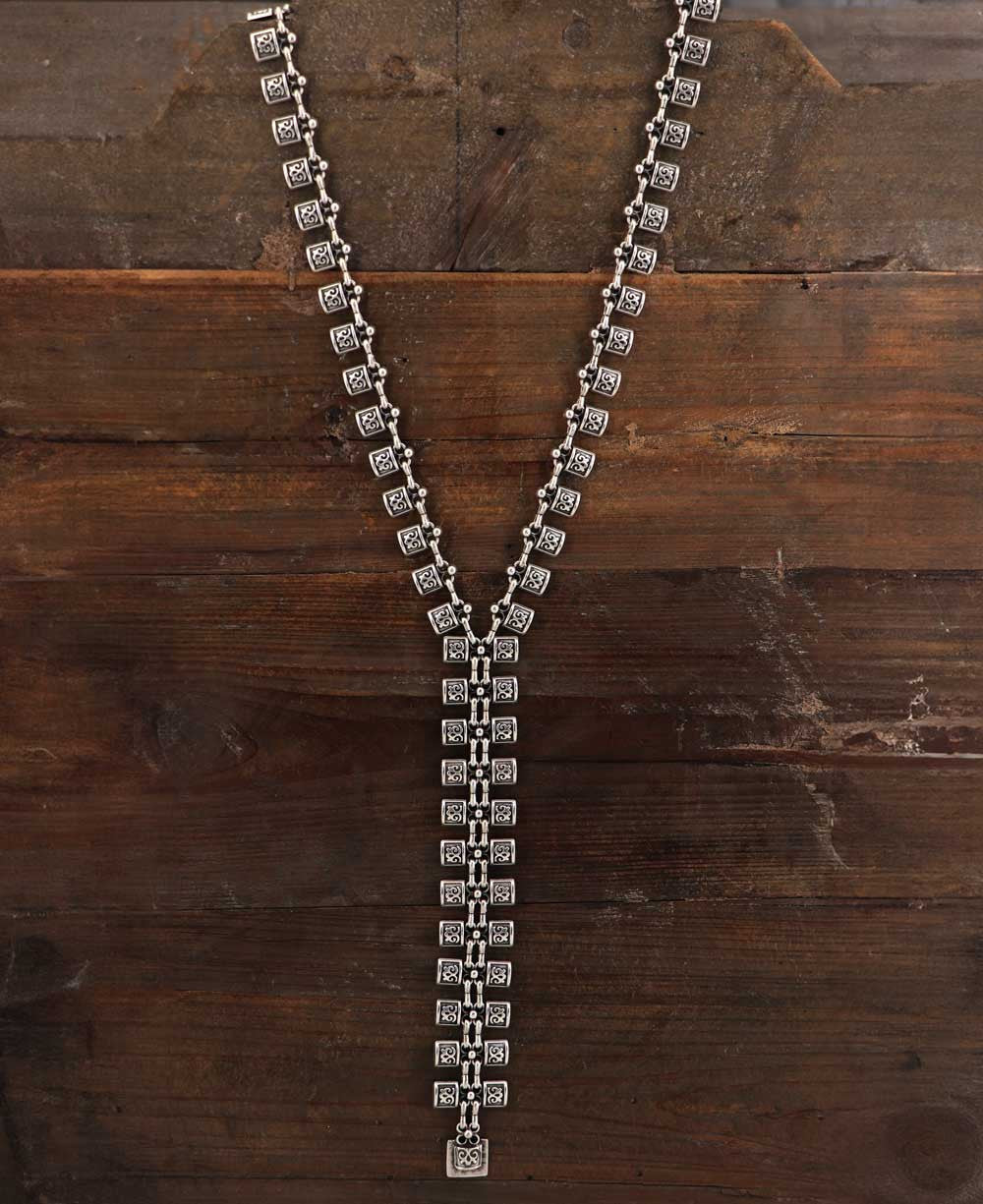 Scroll-Stamped Square Link Y-Necklace