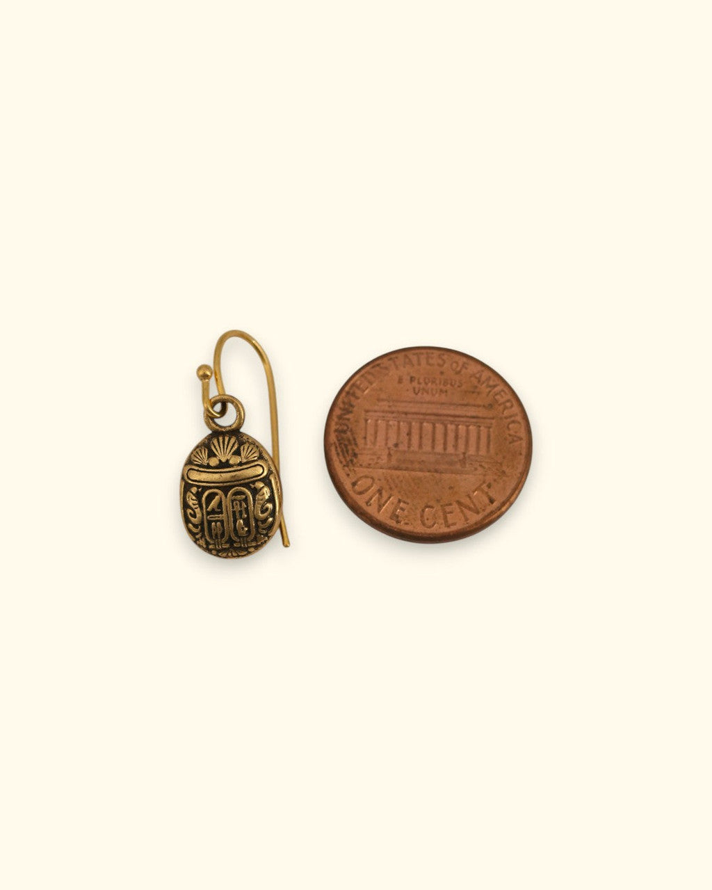 Scarab Charm Drop Earrings in Antiqued Gold