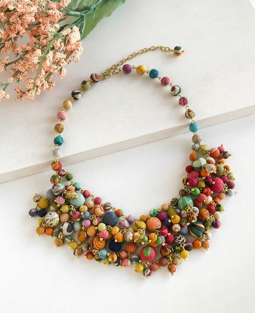 Multicolor Kantha Cluster Bib Necklace