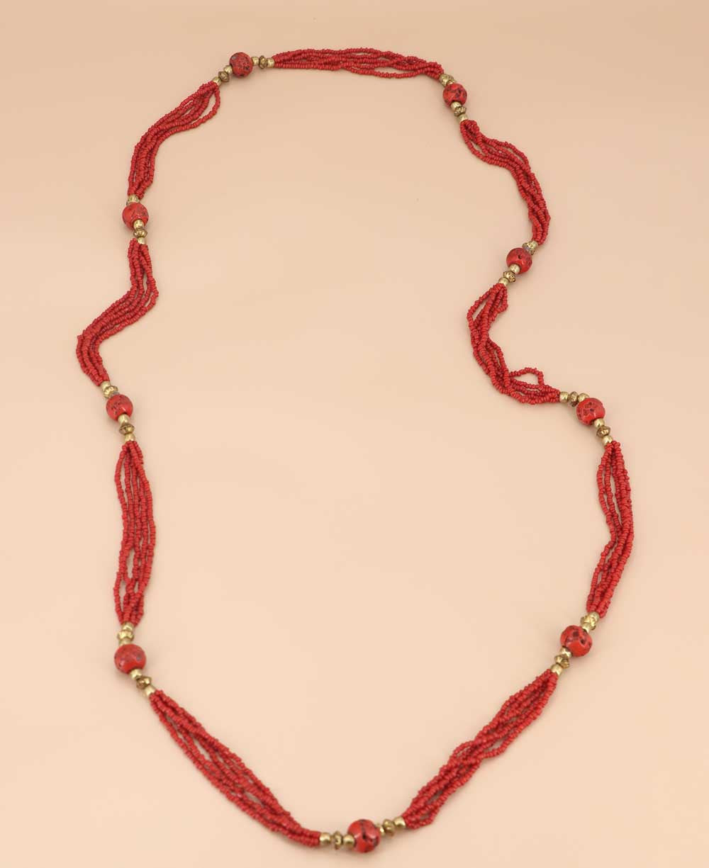 Long Red Bead Rope Necklace