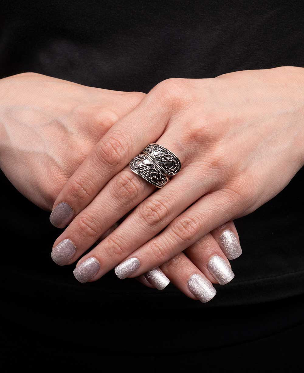 Wraparound Filigree Silver Ring with Bead Granulation