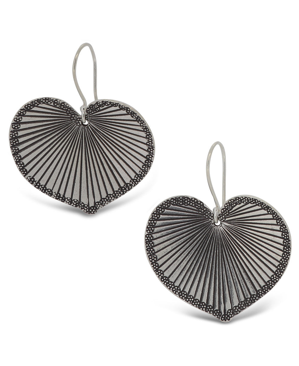Hand-Engraved Silver Heart-Leaf Drop Earrings