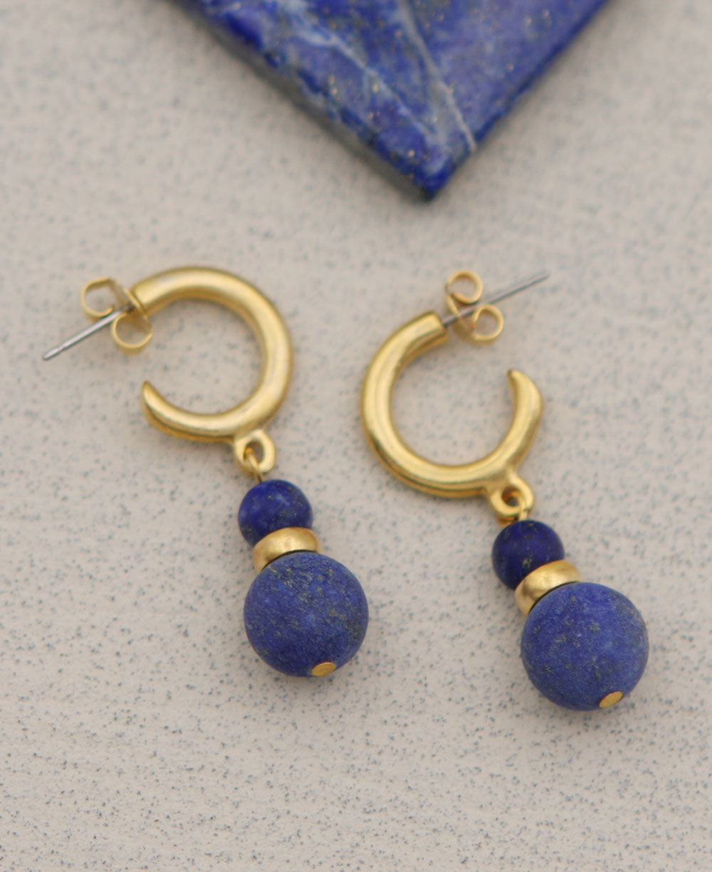 Lapis Two-Bead Drop Hoops