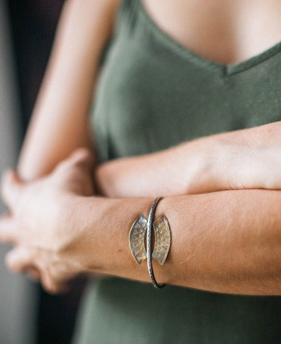 Stamped Brass and Silver Sun Cuff