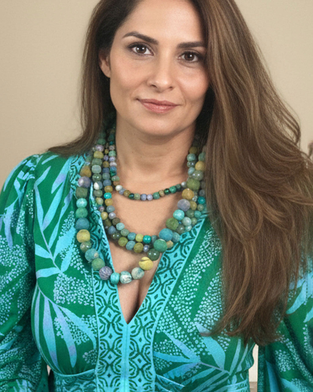 Four-Strand Textile-Wrapped Bead Necklace in Turquoise and Olive