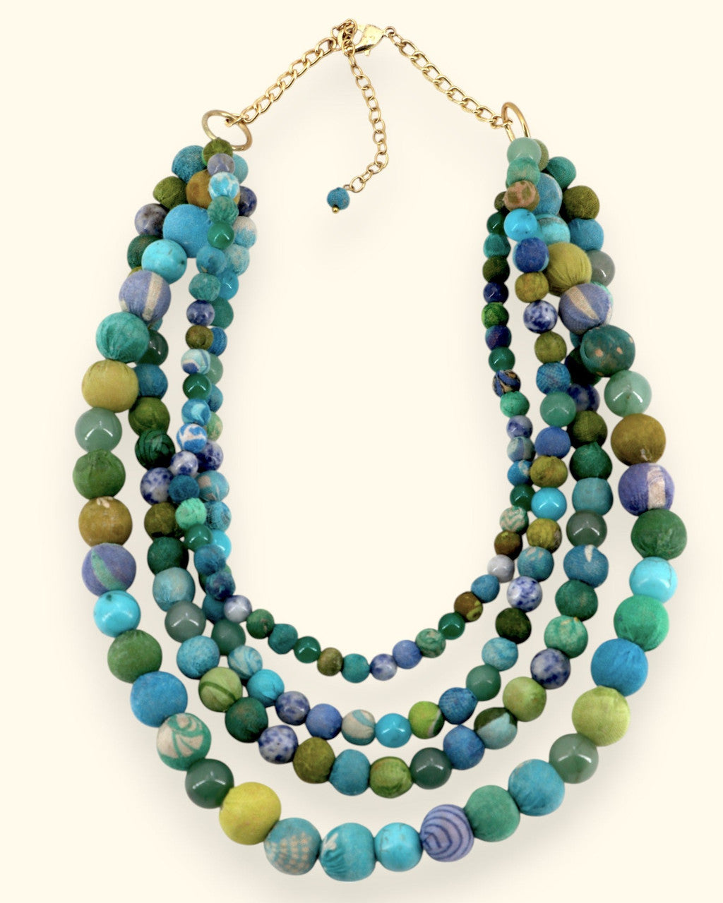 Four-Strand Textile-Wrapped Bead Necklace in Turquoise and Olive