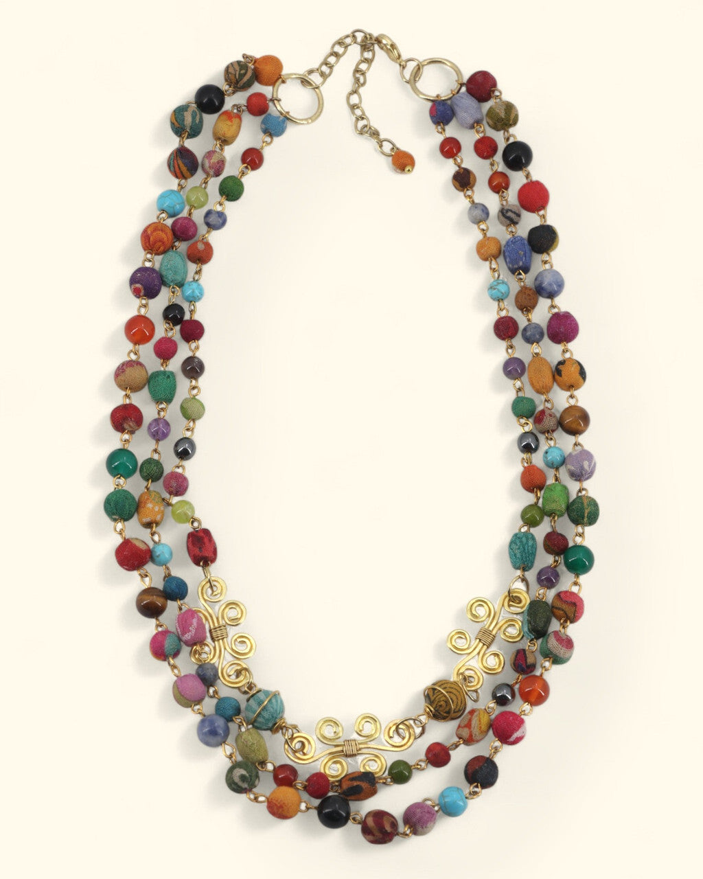 Triple-Strand Multicolor Bead Necklace with Brass Spirals