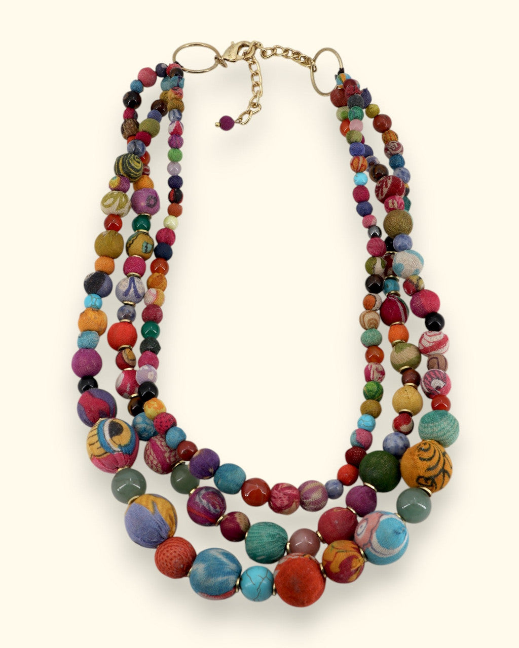 Multicolor Three-Strand Kantha Bead Necklace