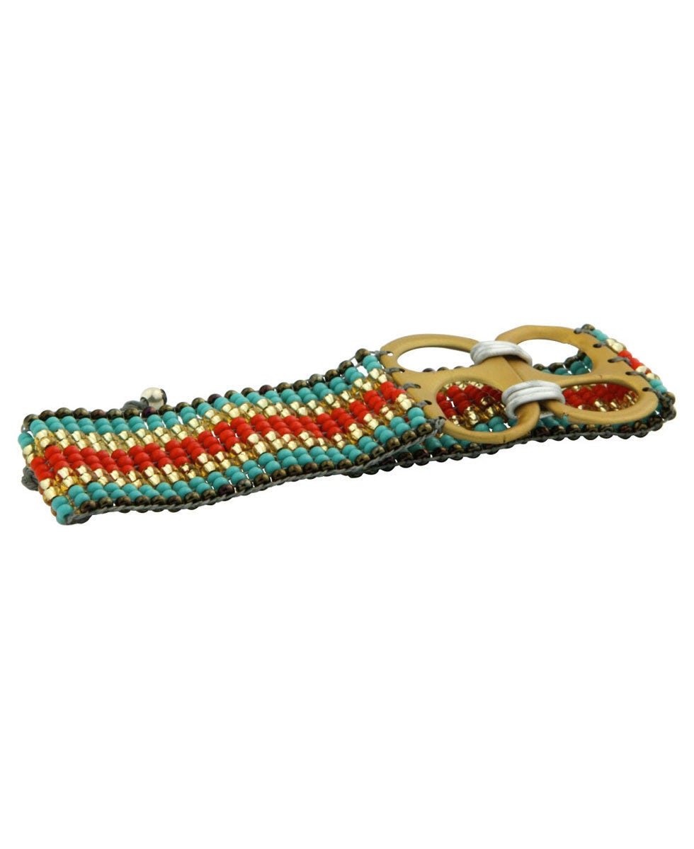 Turquoise, Red and Gold Loomed Bead Bracelet with Wood Ring Closure