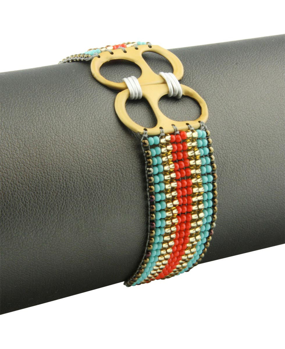 Turquoise, Red and Gold Loomed Bead Bracelet with Wood Ring Closure