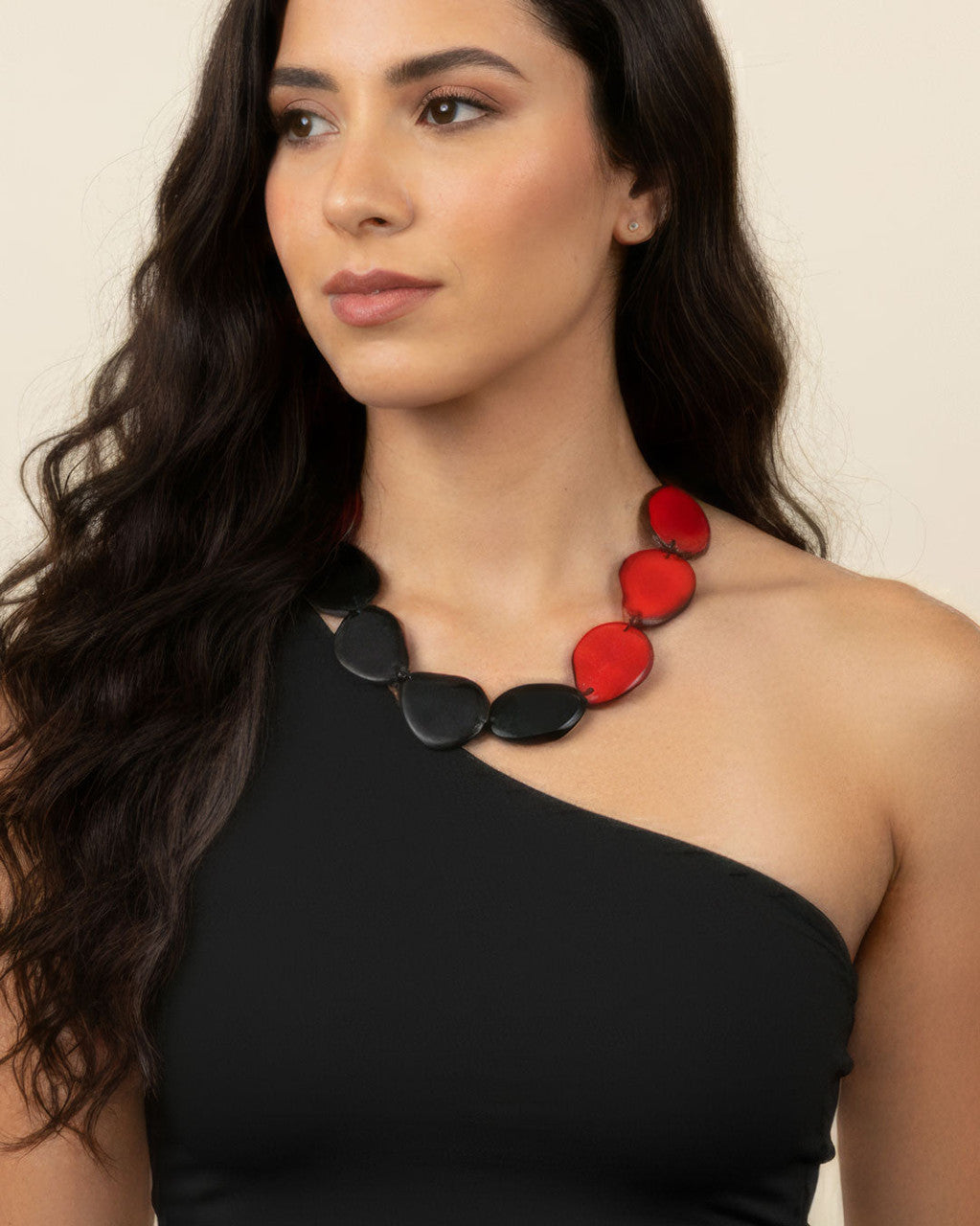 Color-Block Tagua Chip Necklace, Black and Red