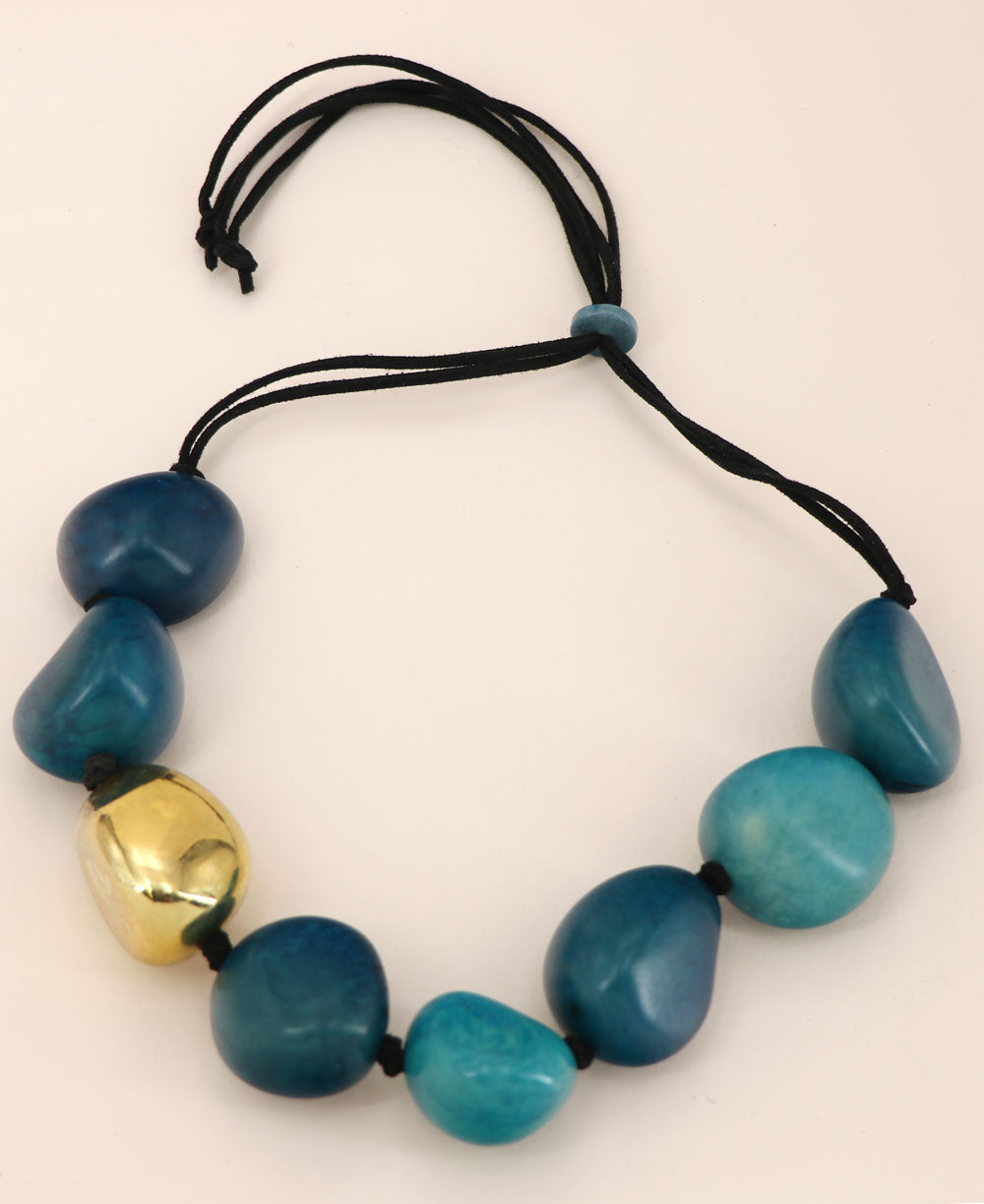 Teal Tagua Nugget Necklace with Gold Pod