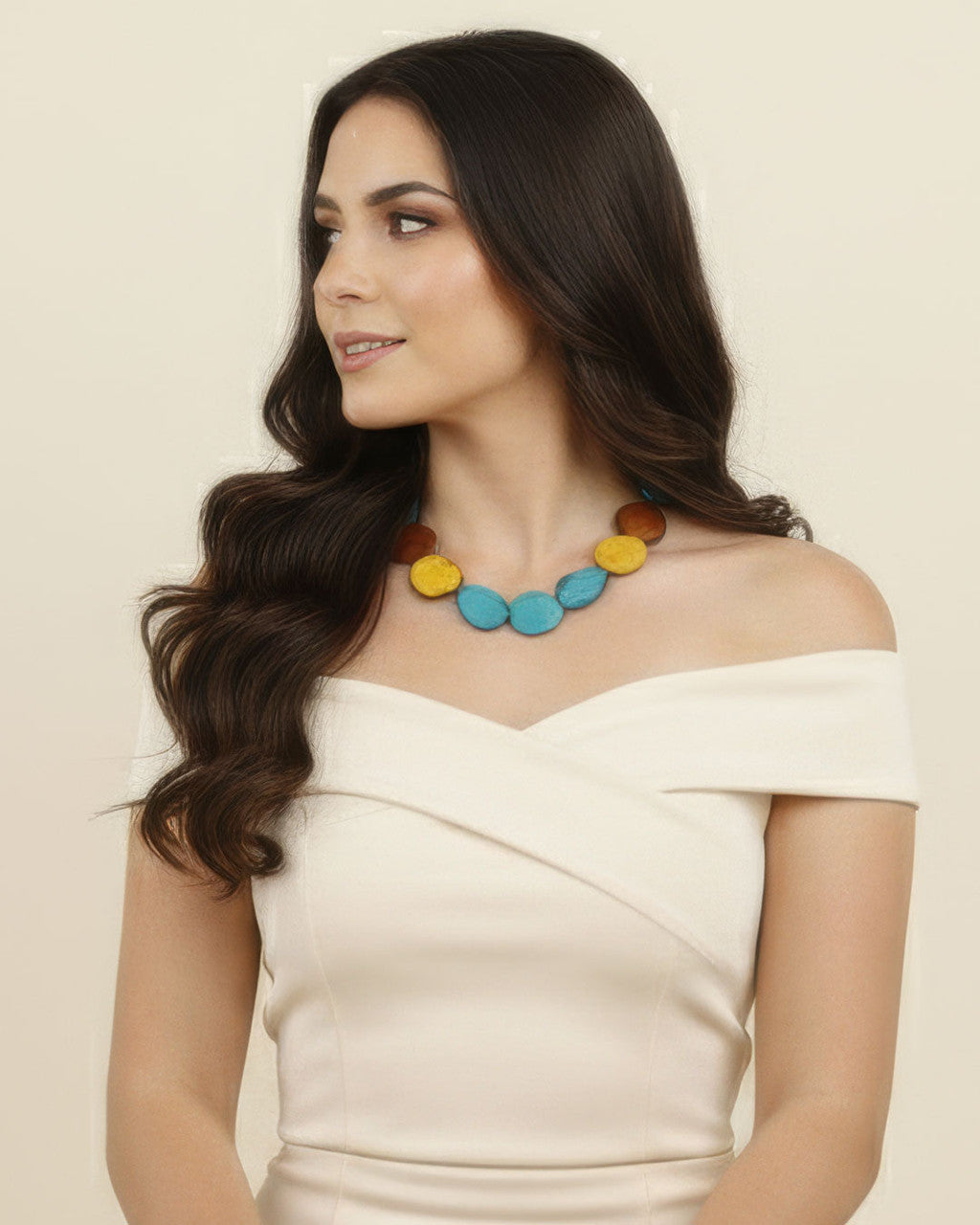 Tagua Chip Necklace in Turquoise, Mustard and Chestnut