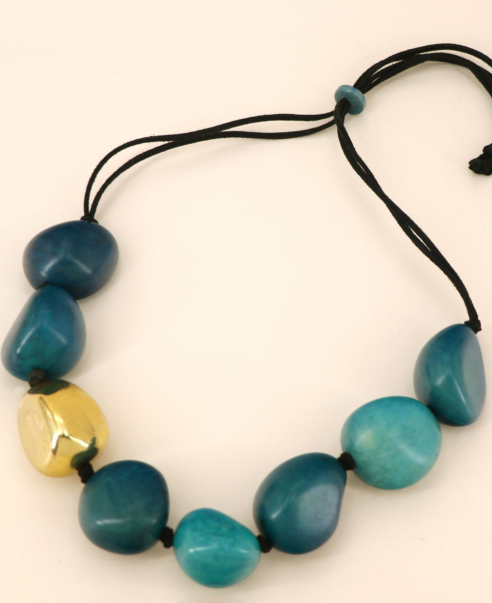 Teal Tagua Nugget Necklace with Gold Pod
