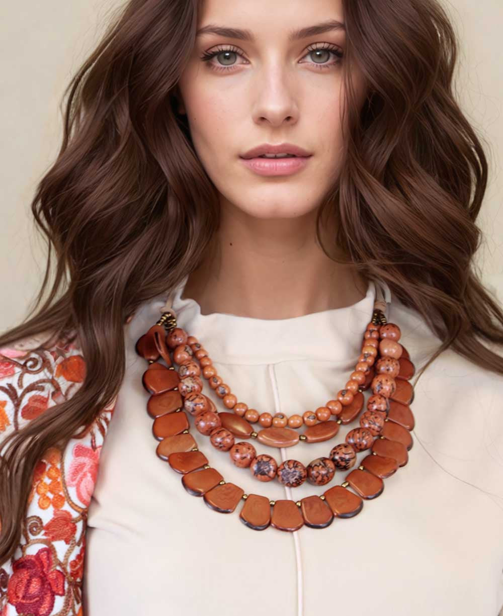 Four-Strand Tagua Necklace in Terracotta and Rust