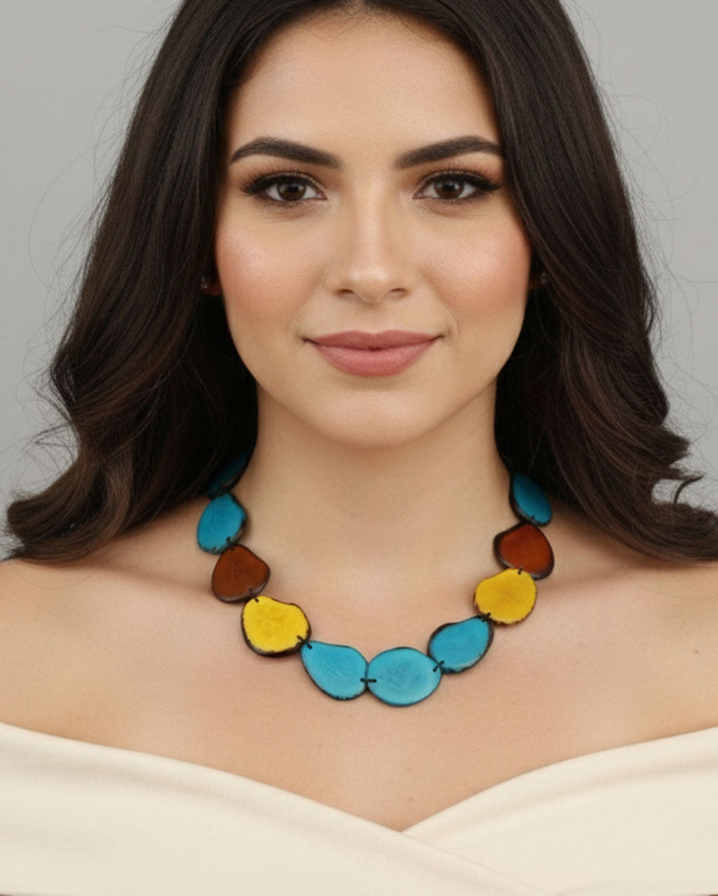 Tagua Chip Necklace in Turquoise, Mustard and Chestnut